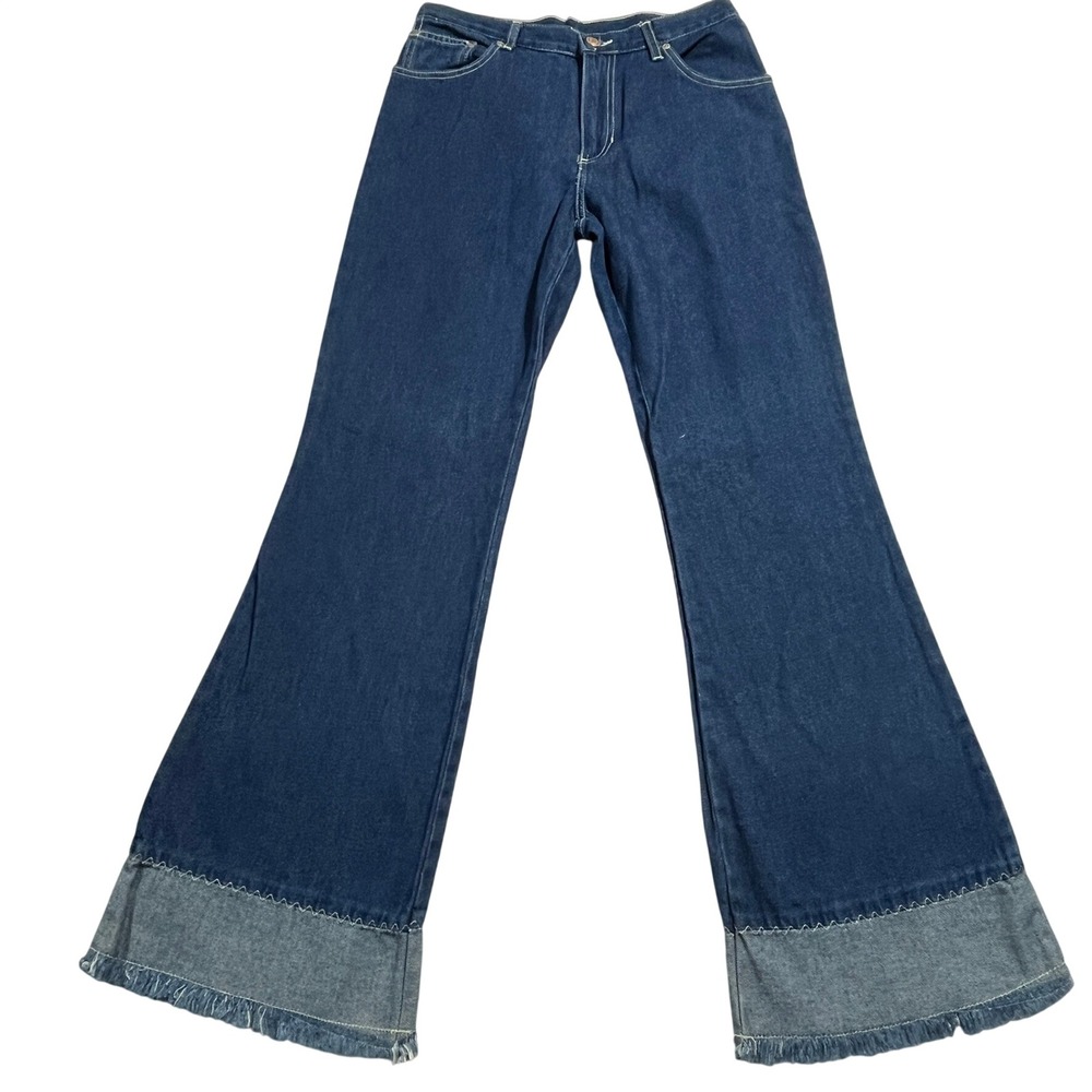 Michael G Y2K Flare Jeans Sz 9 Dark Wash Fringe Hem Boho Festival